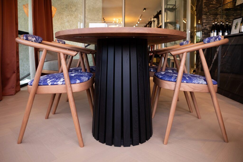 1732014962 Kim Williams Design Showroom RAKGADI print Flynn dining chairs 2