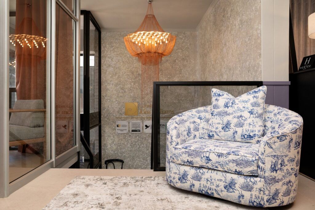 1732014976 Kim Williams Design Showroom Wunders Upholstered RAKGADI print on the Sofia chair